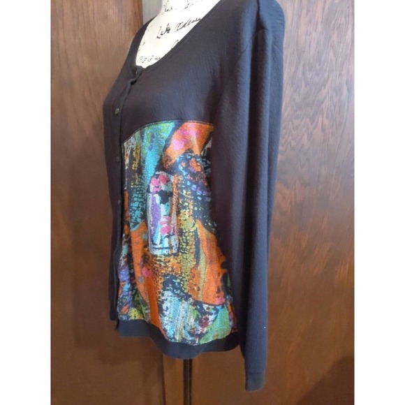Parsley & Sage Womens Large Cardigan Button Artsy Wearable Art Colorful Black - Picture 6 of 7